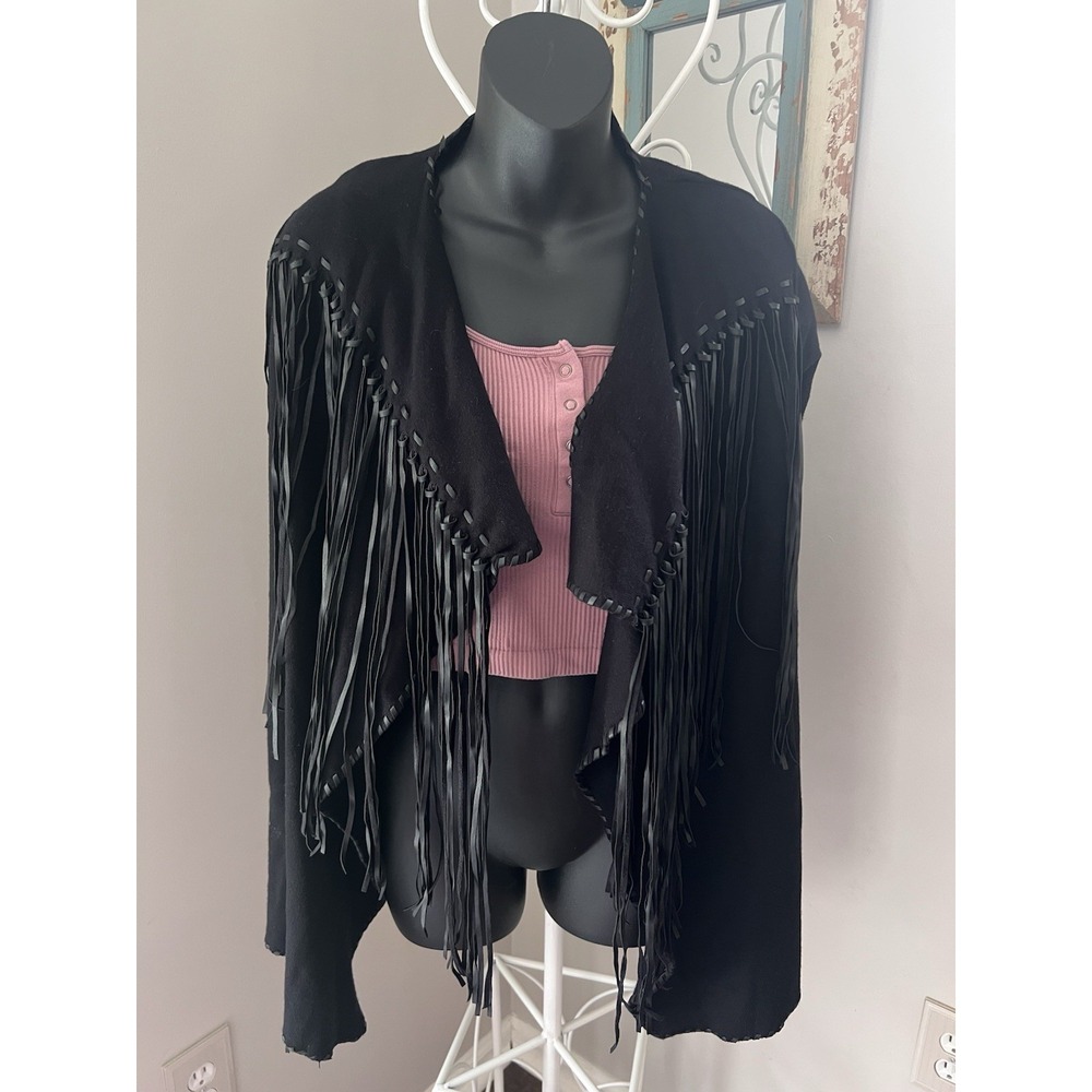 Zara Knit Womens M Jacket Black Faux Leather Fringe Western Goth Cowgirl layer